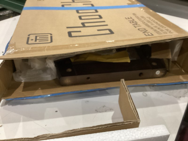 Condition photo showing As Is for ChooChoo Round End Table for Small Spaces, Narrow Side Table, Accent Table Night Stand with 2 Tier Shelf for Bedroom and Living Room, Walnut Walnut 1 Pack