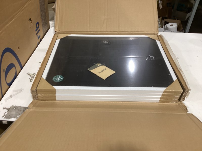 Condition photo showing New/Like New for 16x20 picture frame set - 4 pack, white solid wood photo frames - tempered glass - displays photos 11x14 with mat or 16 x 20 without - room, office, gallery, studio, and hallway decor - wall hanging white 16x20 4 pack