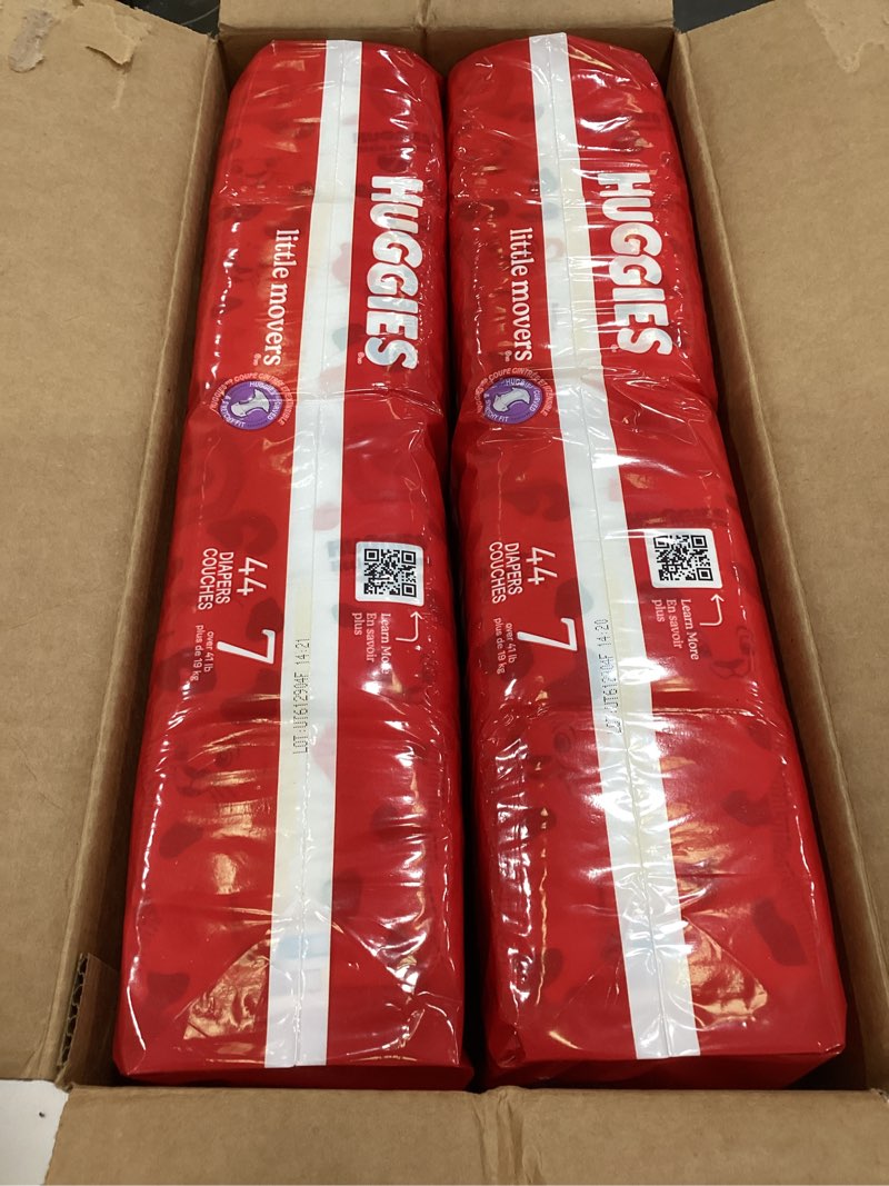 Condition photo showing Good Condition for huggies size 7 diapers, little movers baby diapers, size 7 (41+ lbs), 88 count (2 packs of 44), packaging may vary