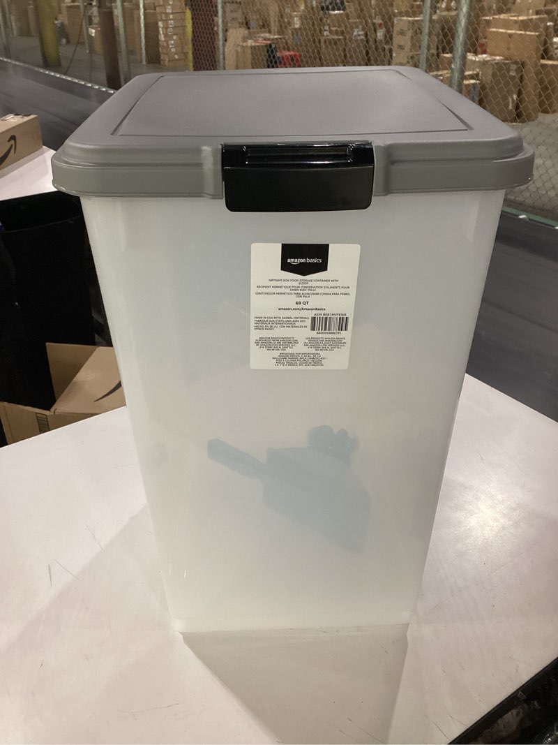 Condition photo showing Good Condition for amazon basics airtight pet food storage container with scoop, bpa free, removable wheels, 69 qt, gray