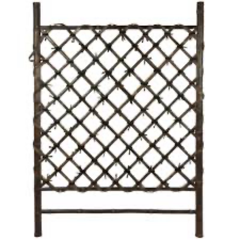 red lantern dark stained japanese style garden trellis, rustic