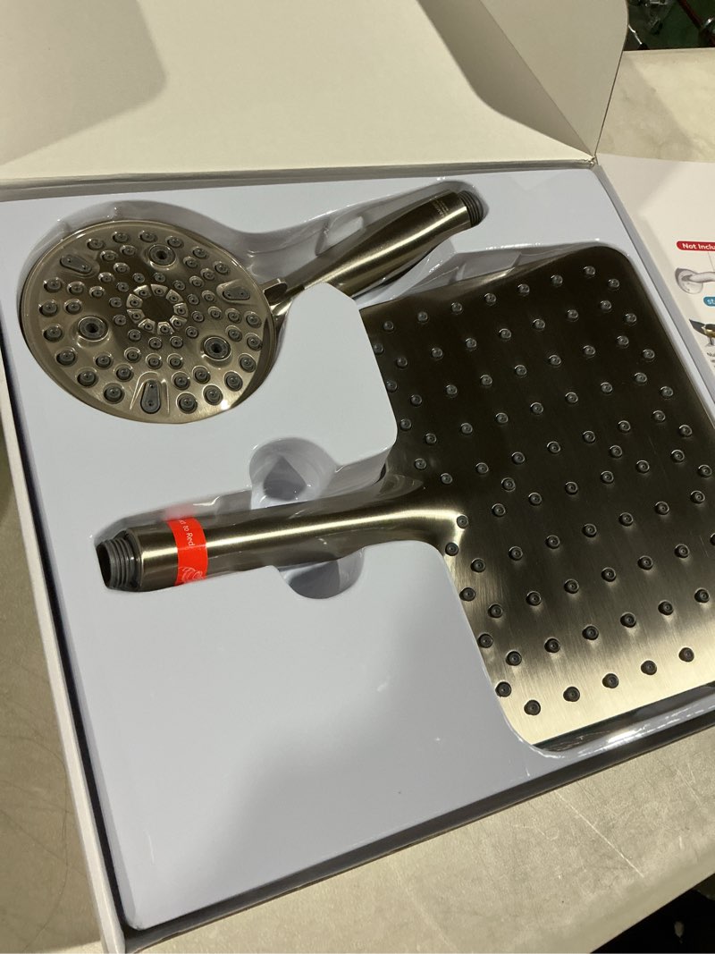 Condition photo showing Good Condition for Dual Handheld Shower Head Combo, 2-in-1 Rain Shower Heads System Wide Rainfall Shower Head and 10 Modes High Pressure Hand Held Showerhead with Built-in Power Wash - Brushed Nickel Standard-Square Nickel Brushed