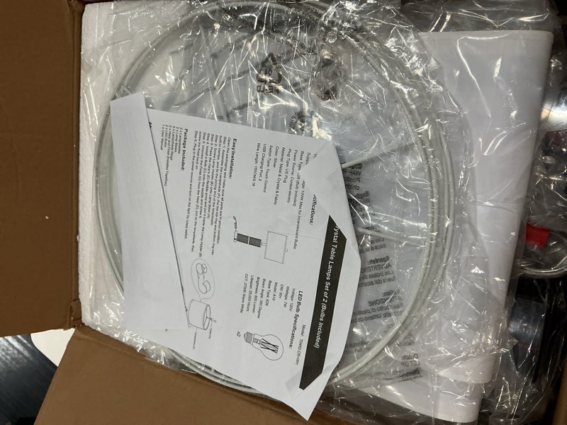 Condition photo showing Good Condition for 3-way touch control crystal table lamps set of 2, silver modern bedside lamp with 2 usb ports & ac outlets for living room, 26' tall desk lamps with white drum shade for bedroom, 2 free bulbs included modern-crystal like