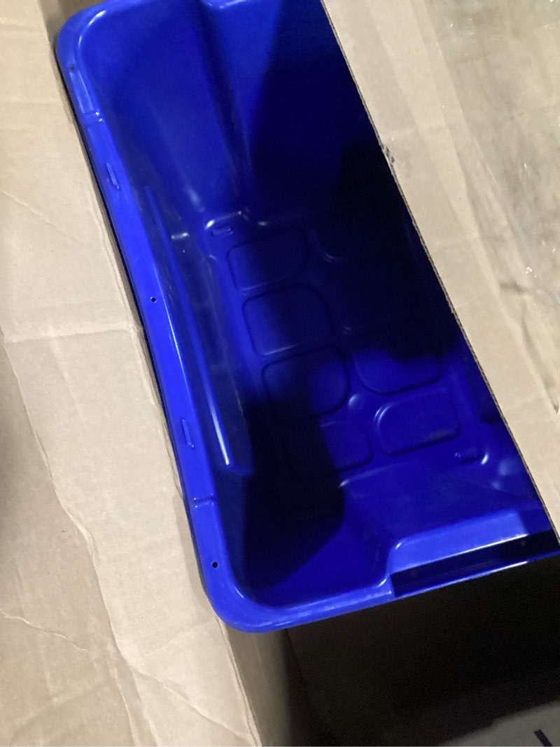 Condition photo showing As Is for HOMZ 1 Pack Durable Molded Bin, Plastic Storage Containers with Lids, 32 Gallon, Blue - Stackable Organizer Totes and Boxes for Bedroom, Kitchen, and Garage Organization 32 Gallon (1 Pack) Blue