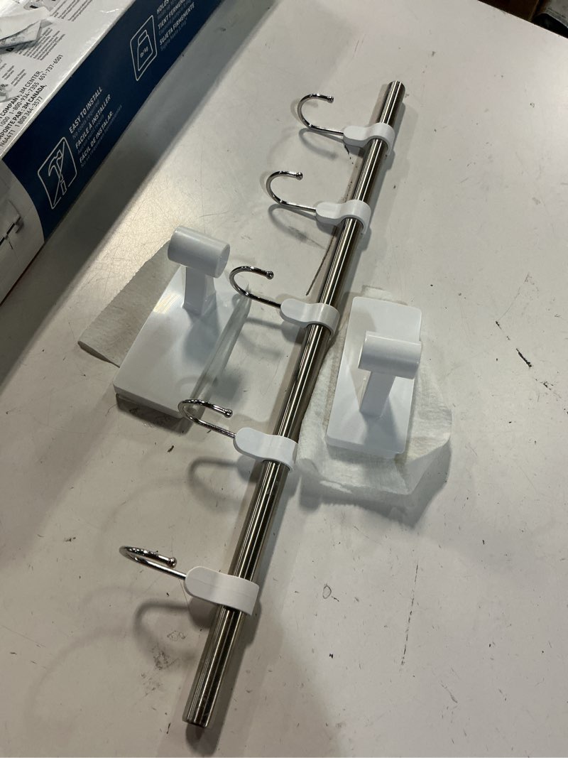Condition photo showing As Is for command bath multi-hook rod, white & nickel, 1 rod, 5 hooks, 4 large strips, holds 7.5 lbs