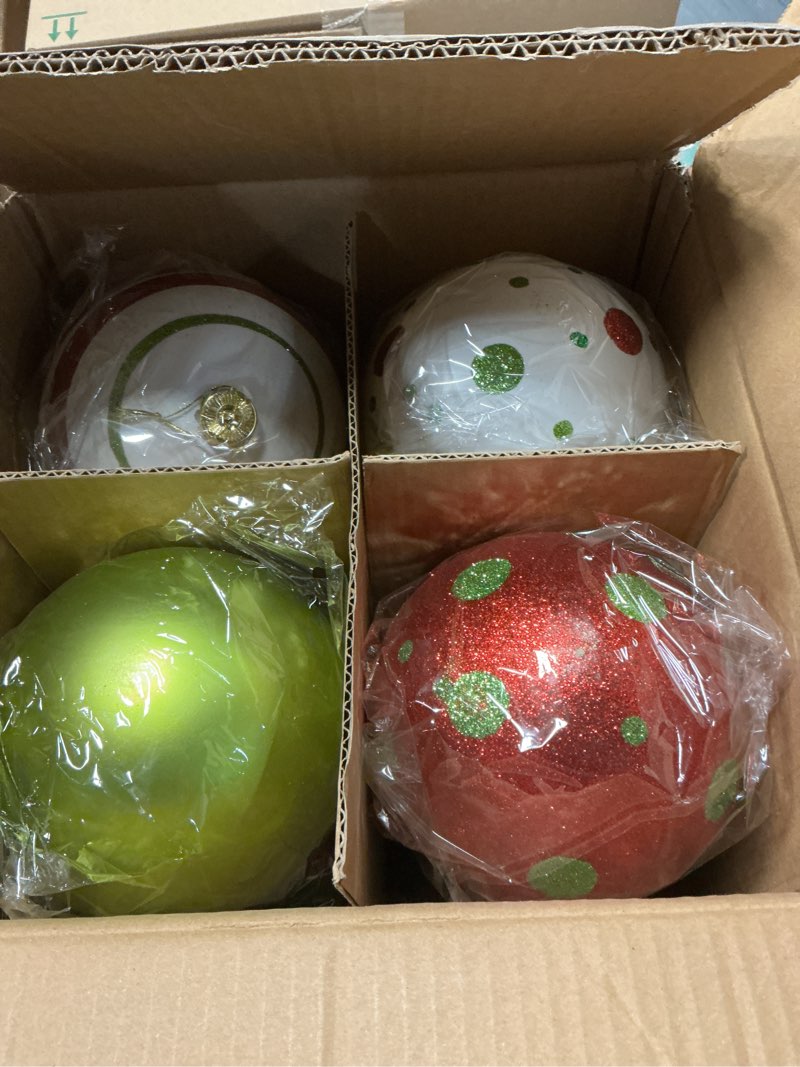 Condition photo showing New/Like New for 8 Pack Large Christmas Ornaments Ball 6 Inch Jumbo Big Balls Lime Green Red White Glitter Plastic Giant Oversized Christmas Ornament for Indoor Outdoor Xmas Tree Hanging Party Holiday Decor Bright Style