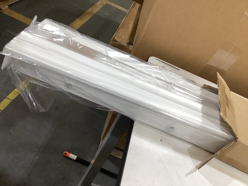 Condition photo showing Good Condition for cordless faux wood blinds 29" w x 48" h, 2 inch slat horizontal windows blinds with crown valance, room darkening blinds, white blinds for home interiors. 29"w x 48"h