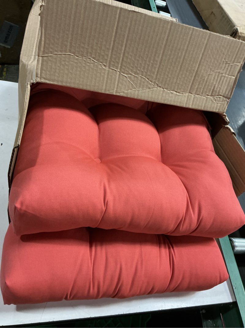 Condition photo showing New/Like New for 20x20 square tufted outdoor seat cushion, reversible patio chair cushion with ties, durable polyester fabric, eco-friendly recycled fill, weather-resistant – coral, set of 2 coral set of 2