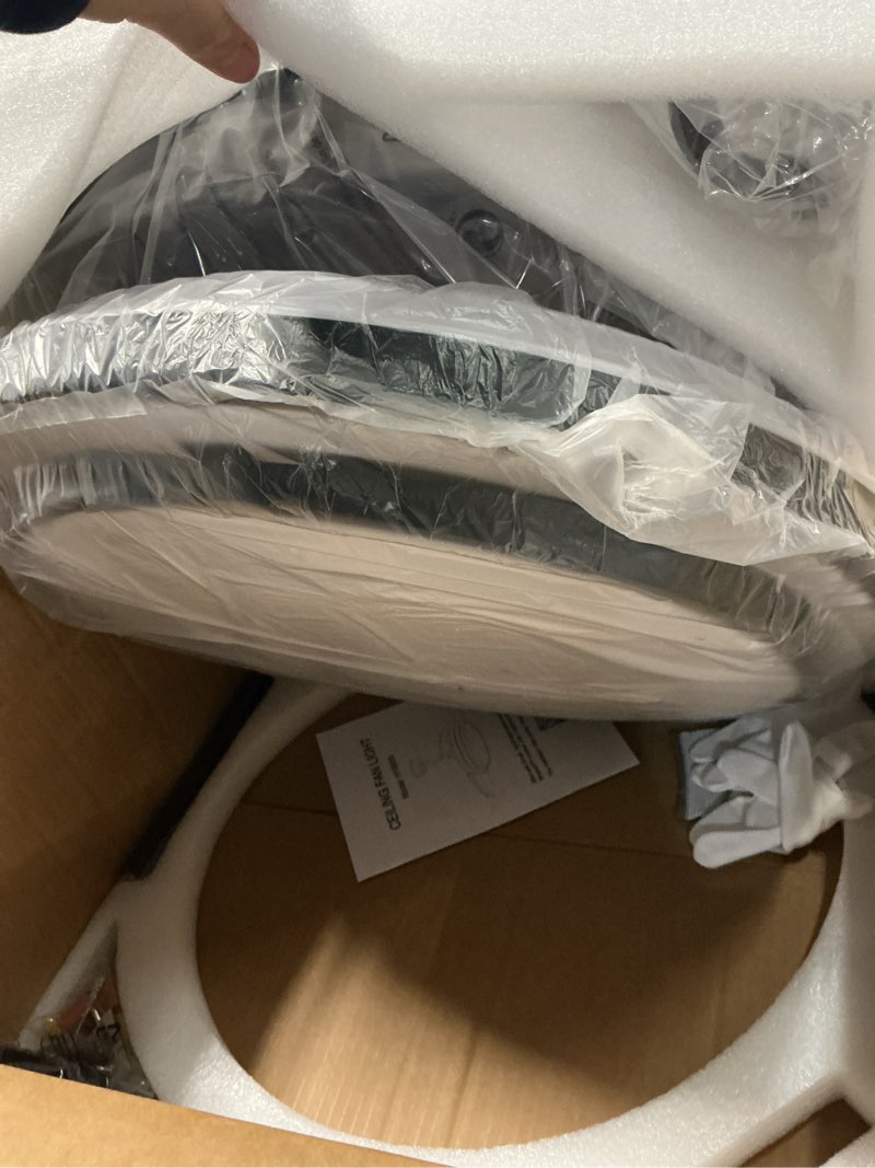 Condition photo showing As Is for 48 Inch Fandelier Ceiling Fan with Light, Retractable Ceiling Fan with Lights for Bedroom Living Room Dinning Room, Chandelier with Fan 6 Speed, LED Dimmable-Black Black 48 Inch