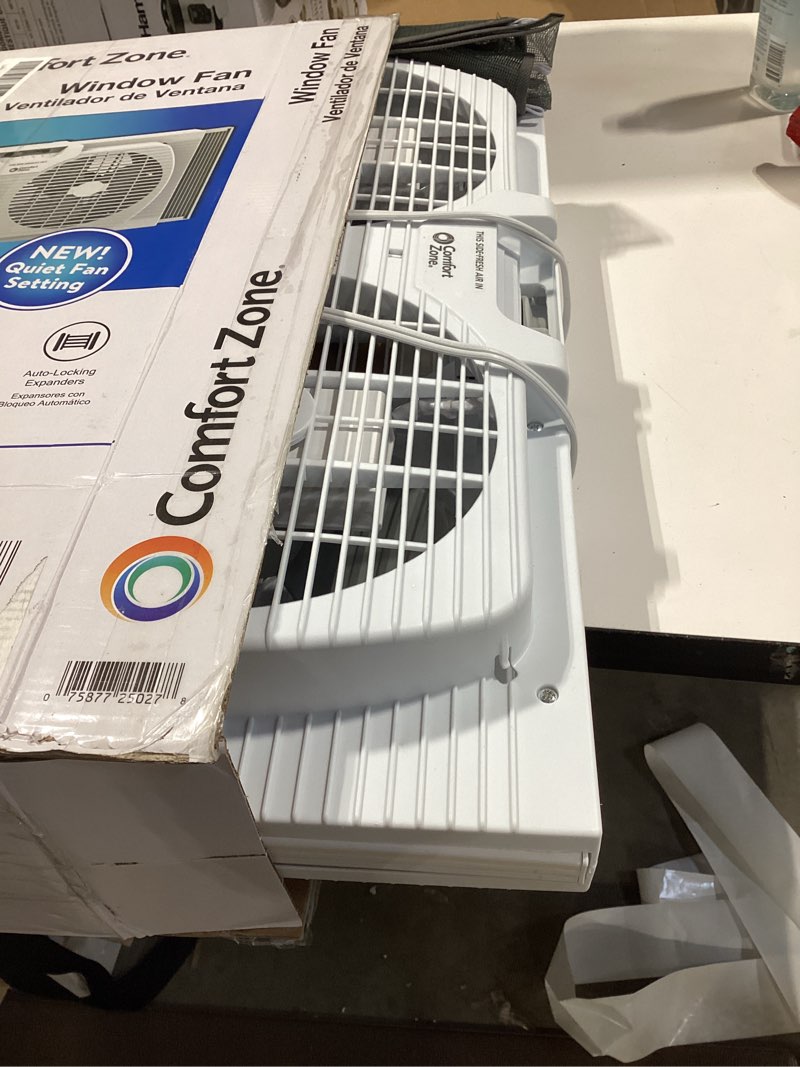 Condition photo showing Good Condition for comfort zone window fan for bedroom, 9 inch 3 speed dual fans with auto-locking expanders, window exhaust fan, removeable bug screen, white white 3-speed