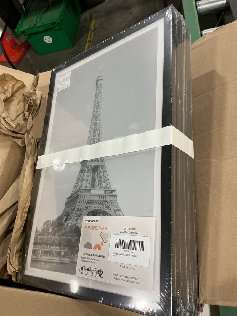 Condition photo showing New/Like New for upsimples 12x18 picture frame set of 5, display pictures 11x17 with mat or 12 x 18 without, wall gallery poster frames, black black 12x18