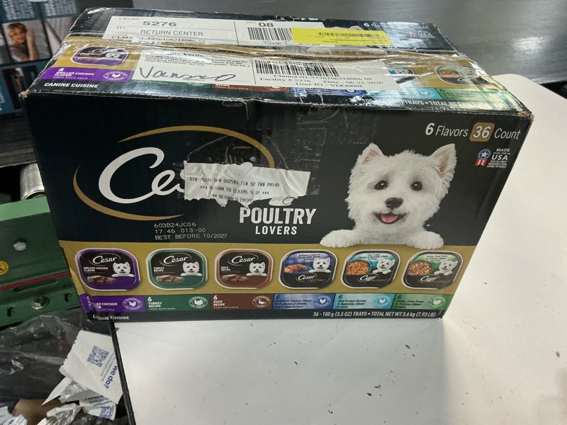 Condition photo showing As Is for cesar classic loaf in sauce adult wet dog food poultry lovers variety pack with real chicken, turkey or duck, 3.5 oz. easy peel trays, pack of 36 poultry lovers 36 count (pack of 1)