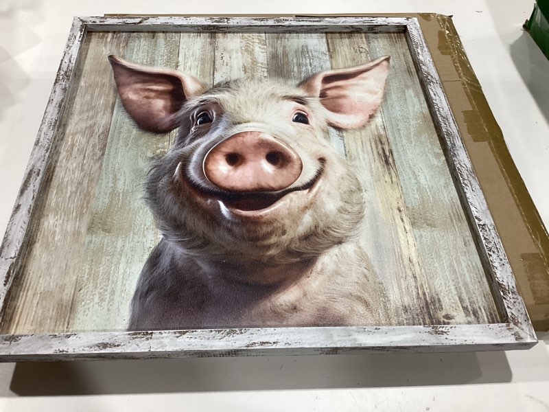 Condition photo showing Good Condition for rustic framed pig wall art: farmhouse animal portrait wooden print picture artwork decor funny cute farm piggy painting for living room bedroom home nursery