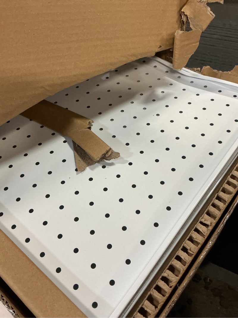 Condition photo showing As Is for Peg Board, 3 Pack Metal Pegboard Panels White Pegboards Wall Organizer with Frame Large Heavy Duty Peg Board with Hooks for Walls Home, Garage Tool Storage, Office, Craft Room, Kitchen 24”×16” White 3 Pcs with Hooks