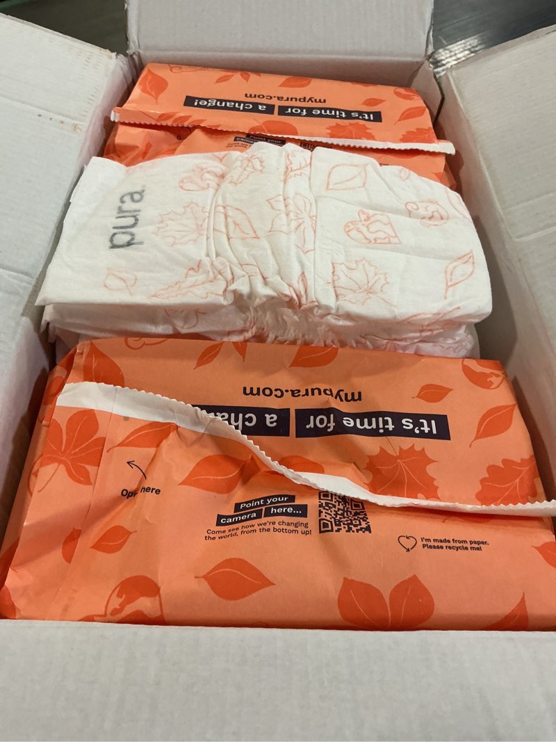Condition photo showing Good Condition for pura size 7 eco-friendly diapers (33+lbs) hypoallergenic, tcf, soft organic cotton, sustainable, up to 12 hours leak protection, allergy uk, recyclable paper packaging, 6 packs of 17 (102 diapers) size 7 102