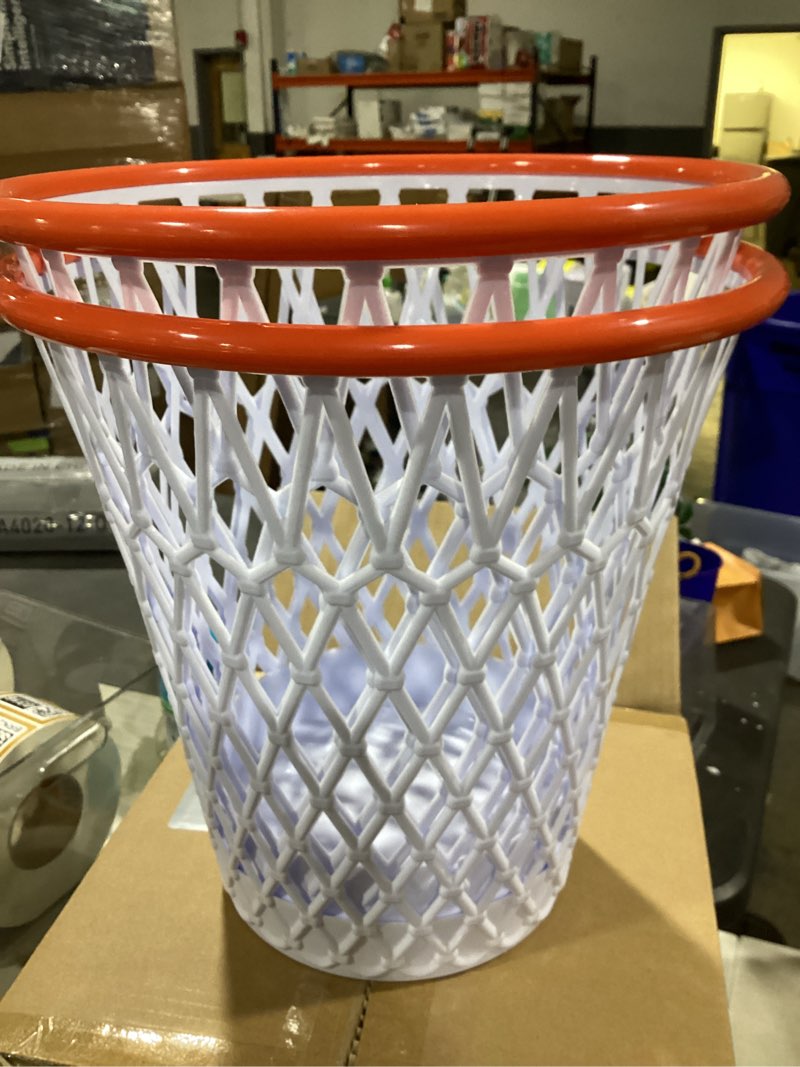 Condition photo showing As Is for 2 pcs basketball trash can,wastebasket,basketball gift,4.5 gallon,size11"x11"x12"basketball hoop,basketball holder display,garbage can,basketball net waste basket for office,bedroom,gym,sport party