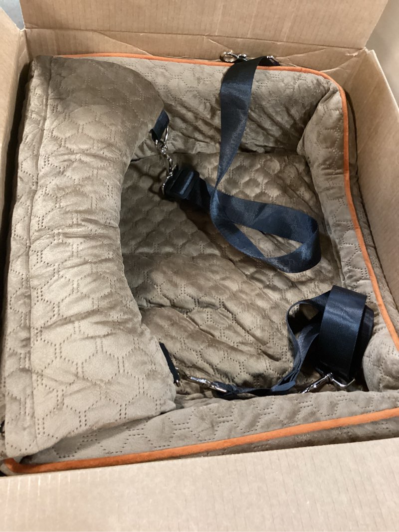 Condition photo showing Good Condition for dog car seat - memory foam dog booster seat for small dogs up to 25lbs-elevated pet car seat with storage pockets and dog seat belt-soft pet travel bed for front & back seats-removable washable-brown