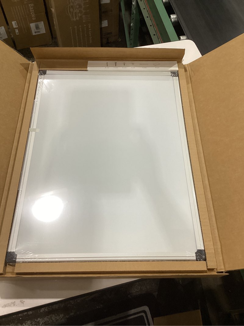 Condition photo showing New/Like New for vusign magnetic white board 24" x 18" with 1 dry-erase eraser, 2 multicolor marker, 4 magnetic pins, sliver reinforced aluminum frame for office, home, school 24"w x 18"h