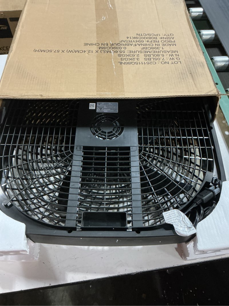 Condition photo showing New/Like New for amazon basics 3-speed box fan for bedroom, portable with carry handle, powerful airflow, 5 blades, lightweight design, 67 watts, 20-inch, black, 6.8"d x 20.86"w x 21.33"h