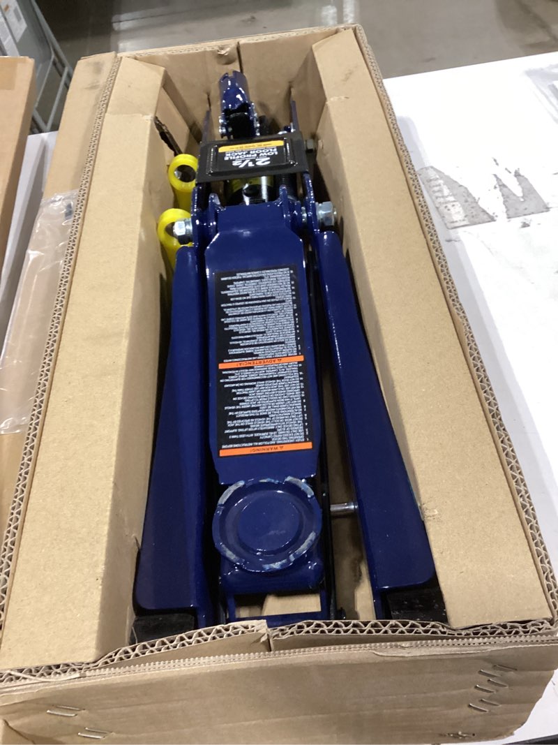 Condition photo showing As Is for big red 2.5 ton (5,000 lb) low profile hydraulic trolly jack, blue, at825051ur blue standard 2.5 ton