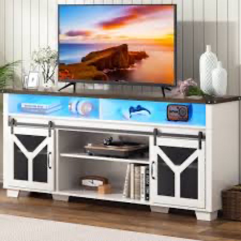 farmhouse tv stand for 55 65 75 inch tvs, entertainment center with led light, storage cabinets, sliding barn doors and adjustable shelf, media tv console tv stand table for living room white