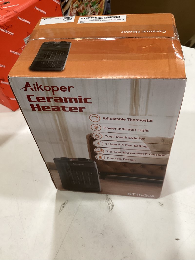 Condition photo showing New/Like New for space heater, 1500w electric heaters indoor portable with thermostat, ptc fast heating ceramic room small heater with heating and fan modes for bedroom, office and indoor use 10in