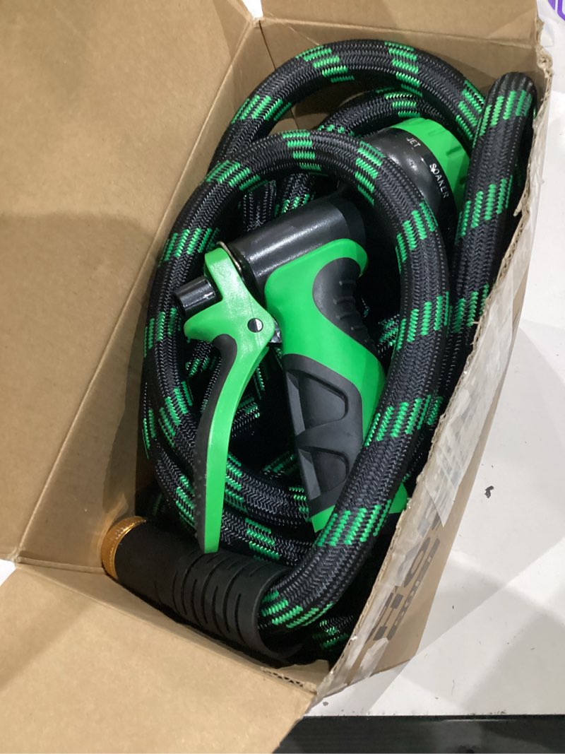 Condition photo showing Good Condition for non-expandable garden hose 50 ft, heavy-duty & flexible water hose with 10-function nozzle, kink-free & leak-proof design, ultra lightweight portable yard hose for lawn, car, outdoor use