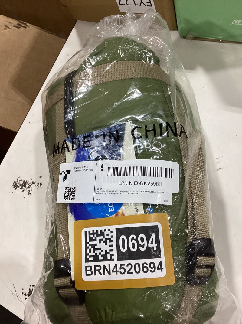 Condition photo showing New/Like New for ecoopro warm weather sleeping bag - portable, waterproof, compact lightweight, comfort with compression sack - great for outdoor camping, backpacking & hiking-83 l x 30" w fits adults olive green