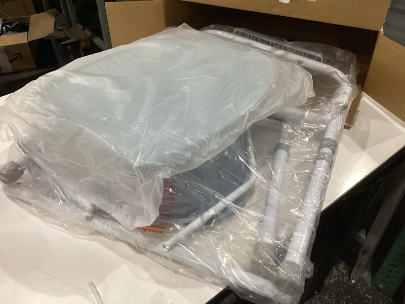 Condition photo showing New/Like New for medline 3-in-1 steel bedside commode, elongated seat, sturdy folding frame, 7.5 qt. bucket, 350 lb. weight capacity, clip-on seat, easy cleaning, tool-free assembly, gray