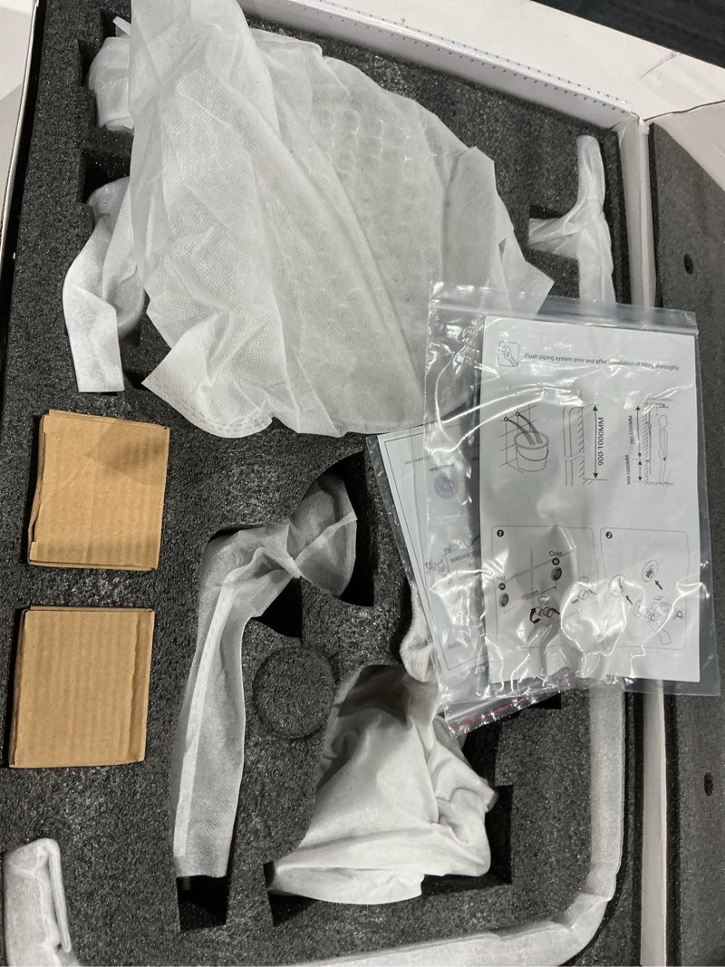 Condition photo showing As Is for outside shower feature, outdoor shower kit, exposed pipe shower system, triple function, wall mounted, brushed nickel