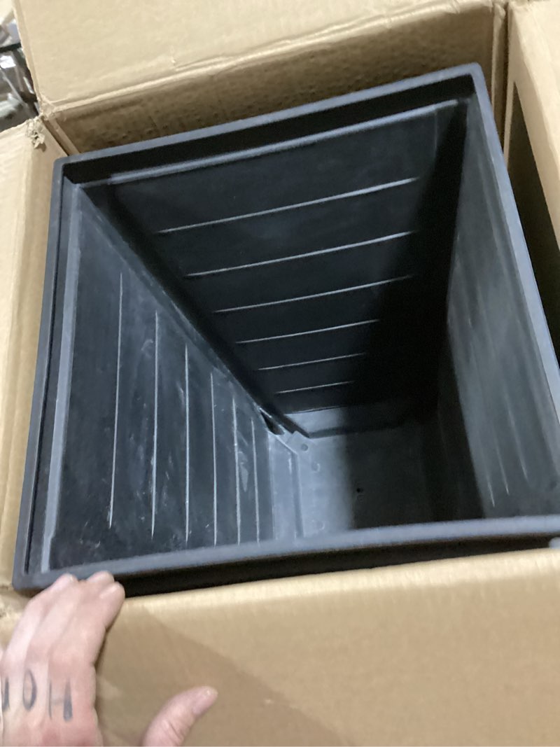 Condition photo showing As Is for keter set of 2 resin modern outdoor 22 inch tall large flower pots, tapered wood look planters for outdoor plants and front porch decor, graphite wood-look graphite