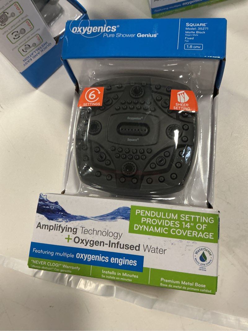 Condition photo showing New/Like New for Oxygenics 6.0 -Spray Matte Black 4.5-in Square High Pressure Shower Head 1.8 GPM | 35271