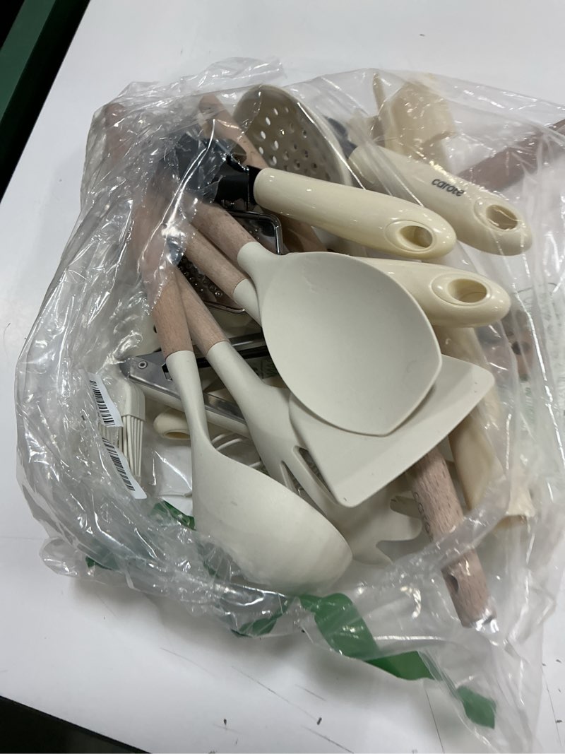 Condition photo showing As Is for carote 22pcs silicone cooking utensils set, 446°f heat resistant kitchen utensils gadgets set, spatula, turner, whisk, tongs 22 pcs cream white
