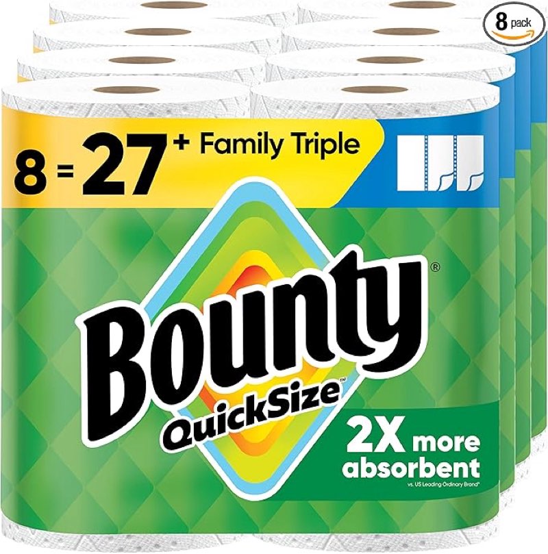 Bounty Quick-Size Paper Towels, White, 8 Family Triple Rolls = 27 Regular Rolls