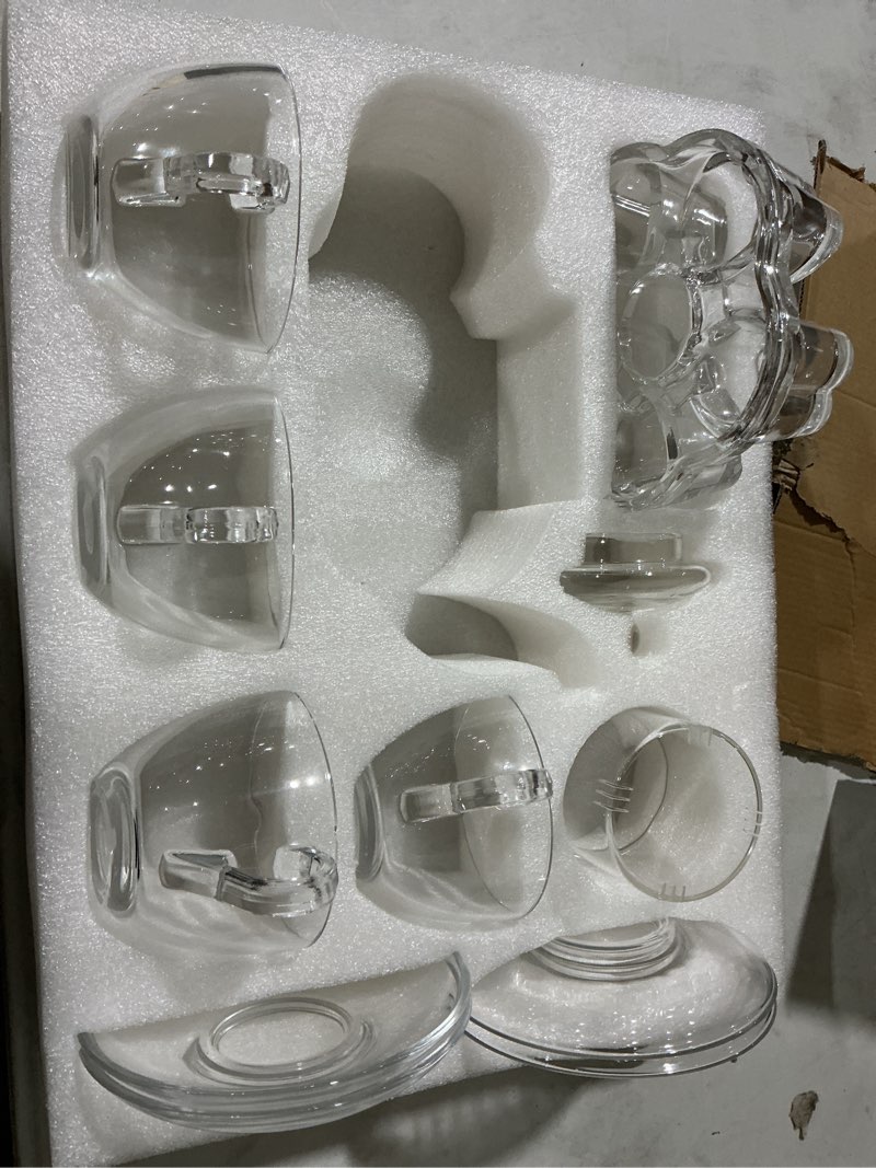 Condition photo showing As Is for incomplete - missing teapot glass teapot set, 40oz/1200ml stovetop safe glass tea kettle with removable infuser & tea warmer, tea cups and saucers set of 4, blooming tea & loose leaf tea maker set for women 40oz & 4 * 7oz cups & saucers