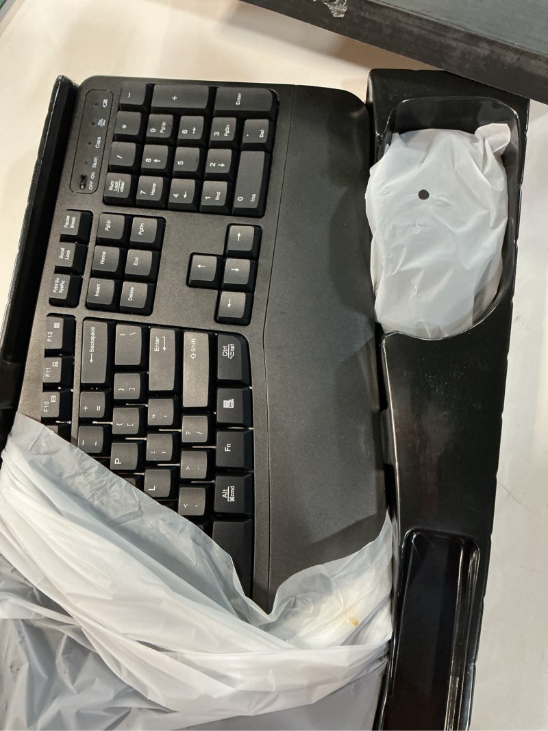 Condition photo showing Good Condition for wireless keyboard and mouse combo, 2.4g full size wave keys ergonomic keyboard with wrist rest and 3-level dpi adjustable wireless ergonomic mouse for windows, mac os desktop/laptop/pc(black)