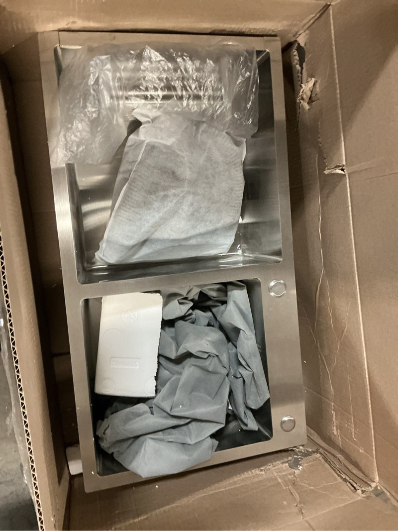 Condition photo showing As Is for 32" x 18" Drop-in/Topmount Double Bowl Kitchen Sink, Nano-Coated 304 Stainless Steel Kitchen Sink with Drain and Overflow 32.3x17.7x8.7 in(Silver)