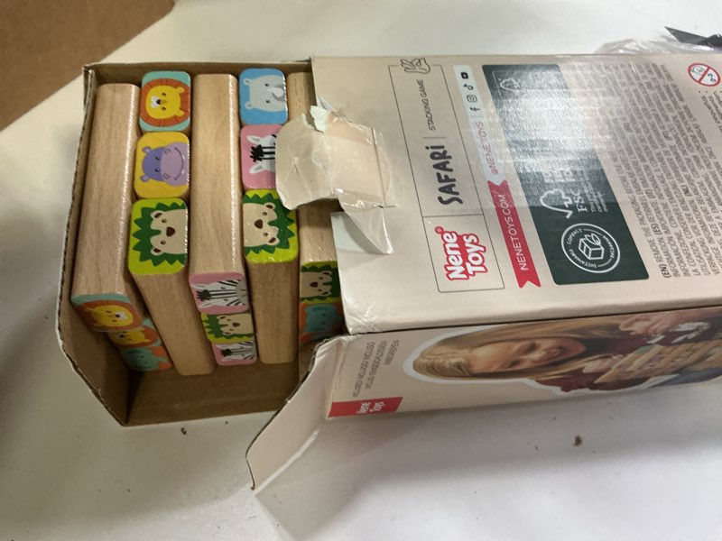 Condition photo showing Good Condition for Nene Toys Wooden Block Stacking Game – 4-in-1 Tumble Tower Family Board Game with Building Blocks, Cards and Dice – African Safari Educational Wooden Toy for Kids 3-9 Years Old About Animals