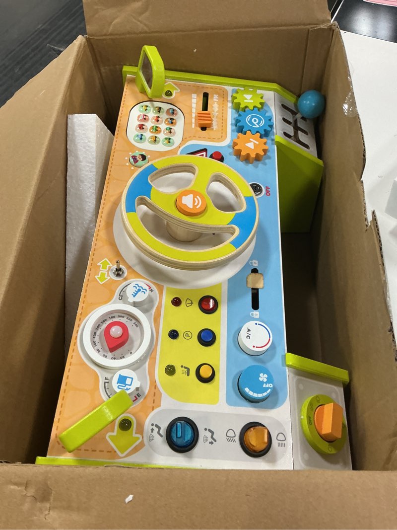 Condition photo showing Good Condition for montessori car busy board for toddlers, wooden sensory steering wheel activity baby toy with lights, buttons, gears & key start, kids interactive educational toys for boys girls