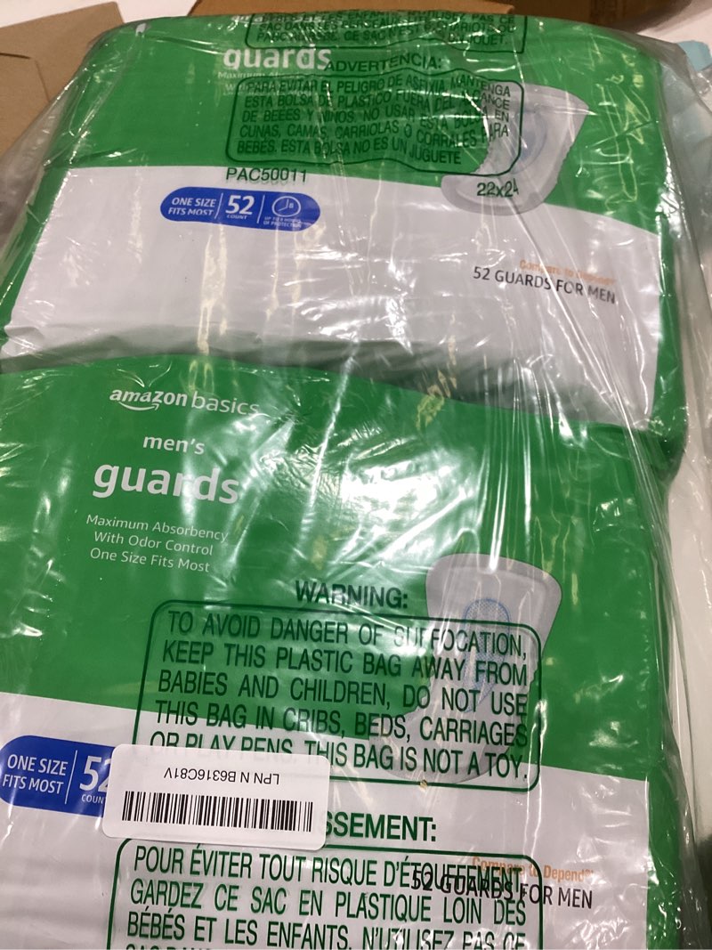 Condition photo showing Good Condition for amazon basics men's incontinence guards, maximum absorbency, moisture-wicking with odor protection, one size fits most, 104 count (2 packs of 52)