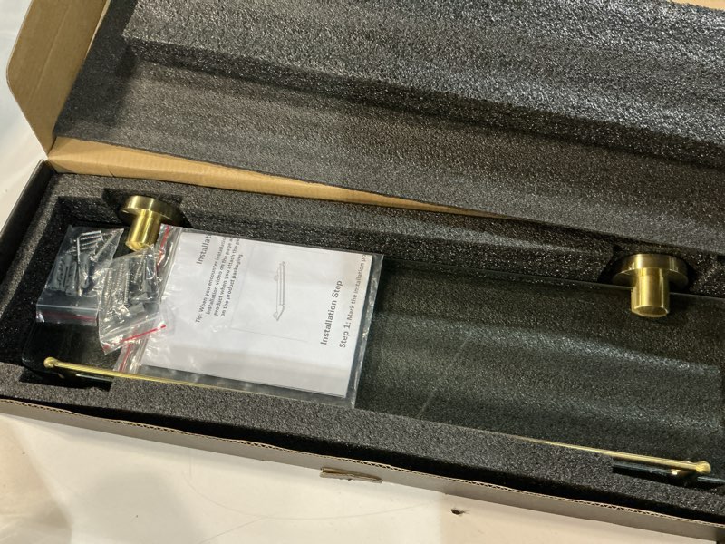 Condition photo showing Good Condition for 20 Inches Glass Shelves for Bathroom, Brushed Gold Floating Glass Shelf Stainless Steel Tempered Glass Bathroom Shelves for Wall Mount Modern Brushed Gold 20"with railing