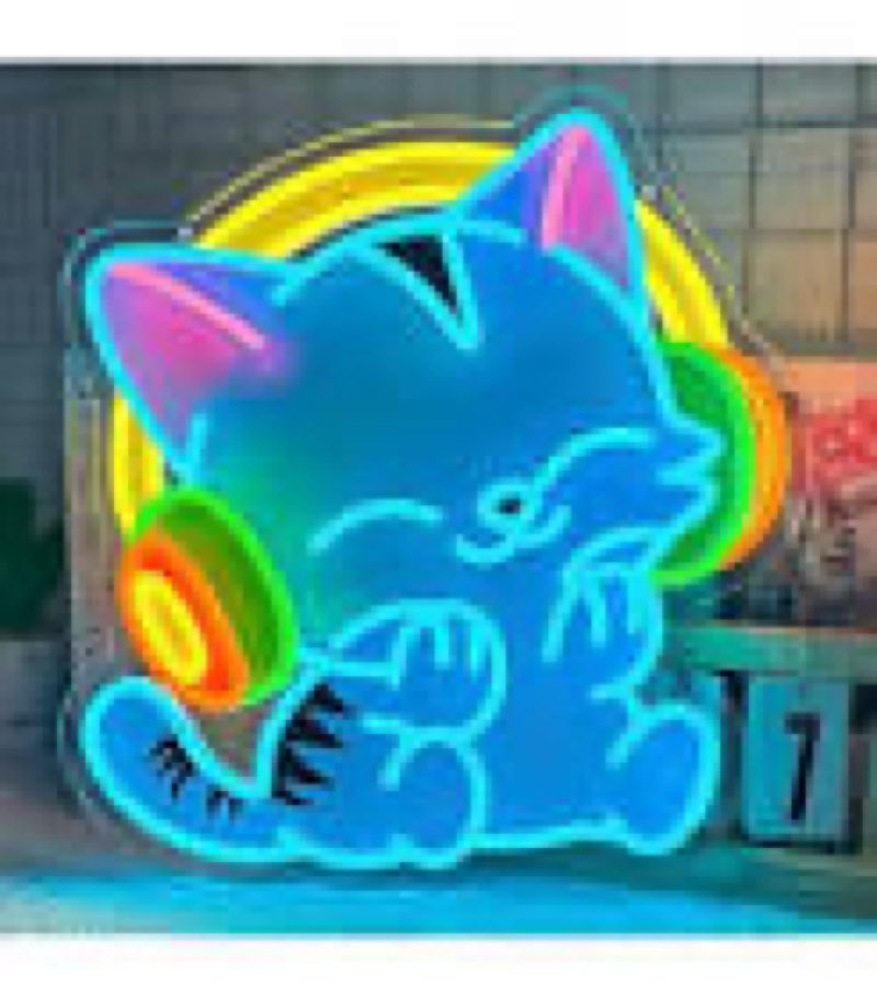 Headphone Cat Neon Sign 13.4x14 Inch UV Printed Musical Blue LED Cat Neon Light for Wall Decor, Dimm