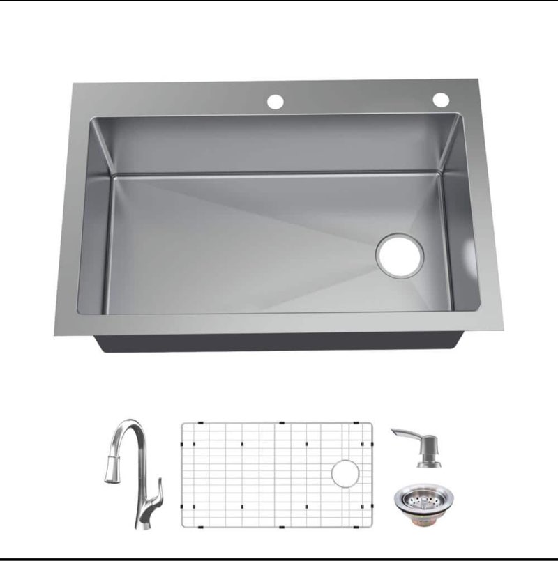 Dolancourt Tight Radius 33 in. Drop-In Single Bowl 18 Gauge Stainless Steel Kitchen Sink with Pull-Down Fa