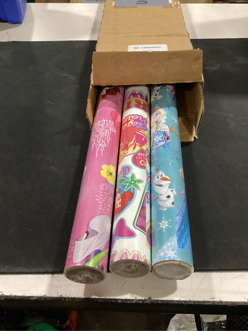 Condition photo showing New/Like New for hallmark disney wrapping paper for kids, 3 rolls (princess and frozen) disney princess