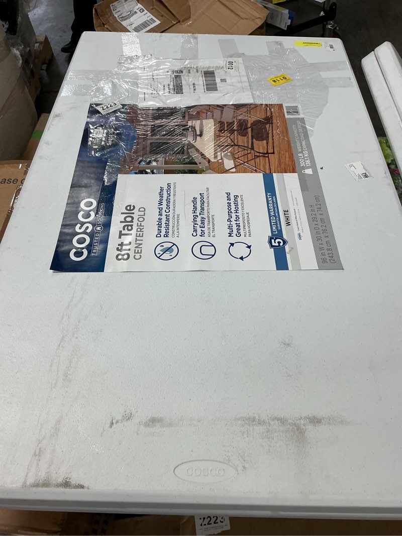 Condition photo showing As Is for cosco 8 foot centerfold folding table, white