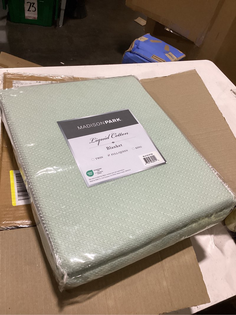 Condition photo showing New/Like New for madison park liquid cotton luxury blanket premium soft cozy 100% ring spun cotton for bed , couch or sofa, full/queen, sea foam | breathable fabric for bed or couch, diamond pattern, lightweight, ring spun weave, oeko-tex certified, for summer sea foam full/queen