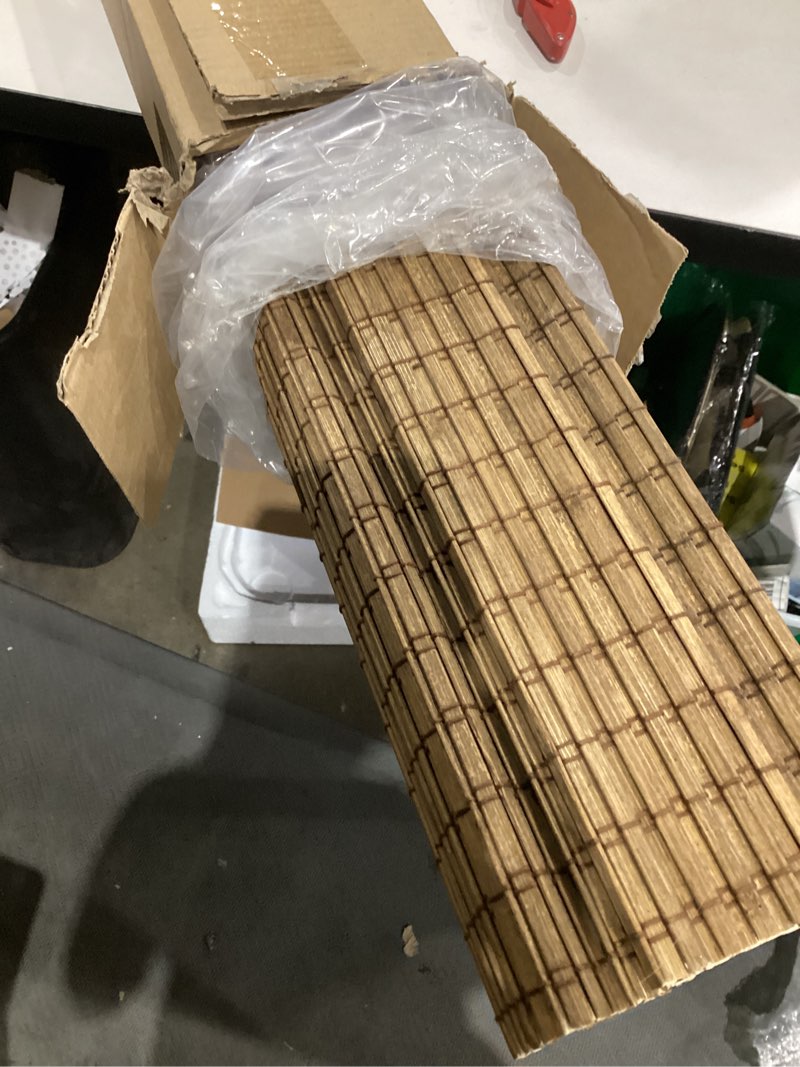 Condition photo showing Good Condition for lazblinds cordless bamboo roman shades, privacy blinds for interior windows, room darkening roll up bamboo blinds for home & patio, 42.5" w x 64" h, highfield teak pricacy - highfield teak 42 1/2" w x 64" h