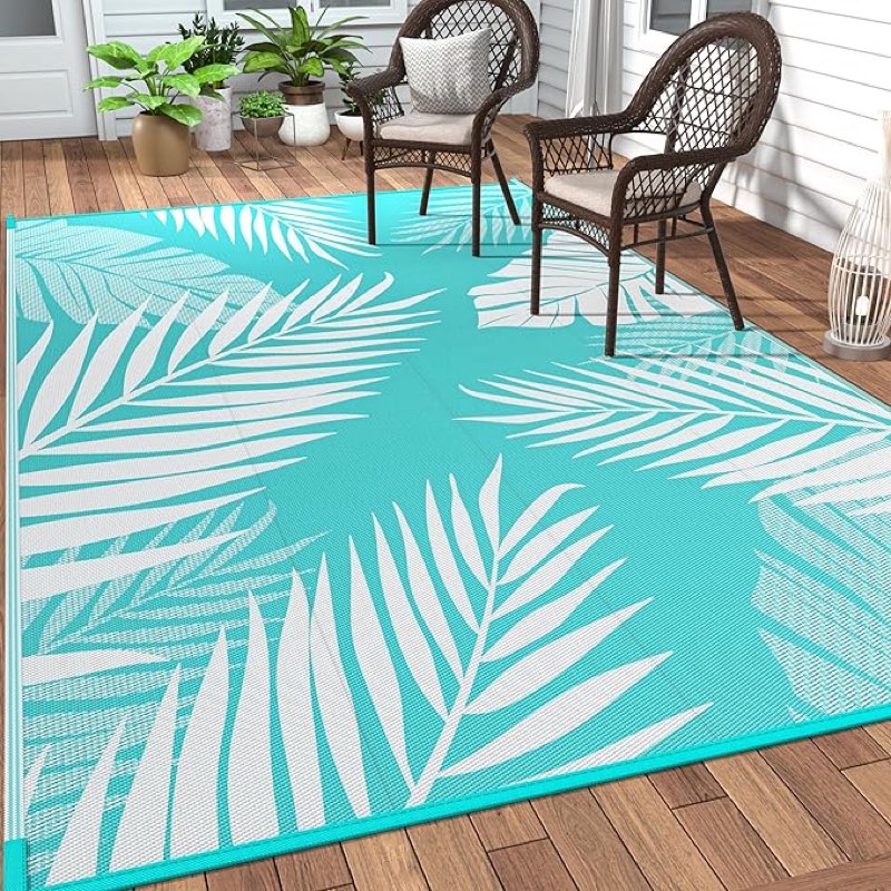 genimo outdoor rug 6' x 9' waterproof for patios clearance, reversible outdoor plastic straw camping rug carpet, large area rugs mats for rv, camper, deck, balcony, porch, beach, aqua blue&white