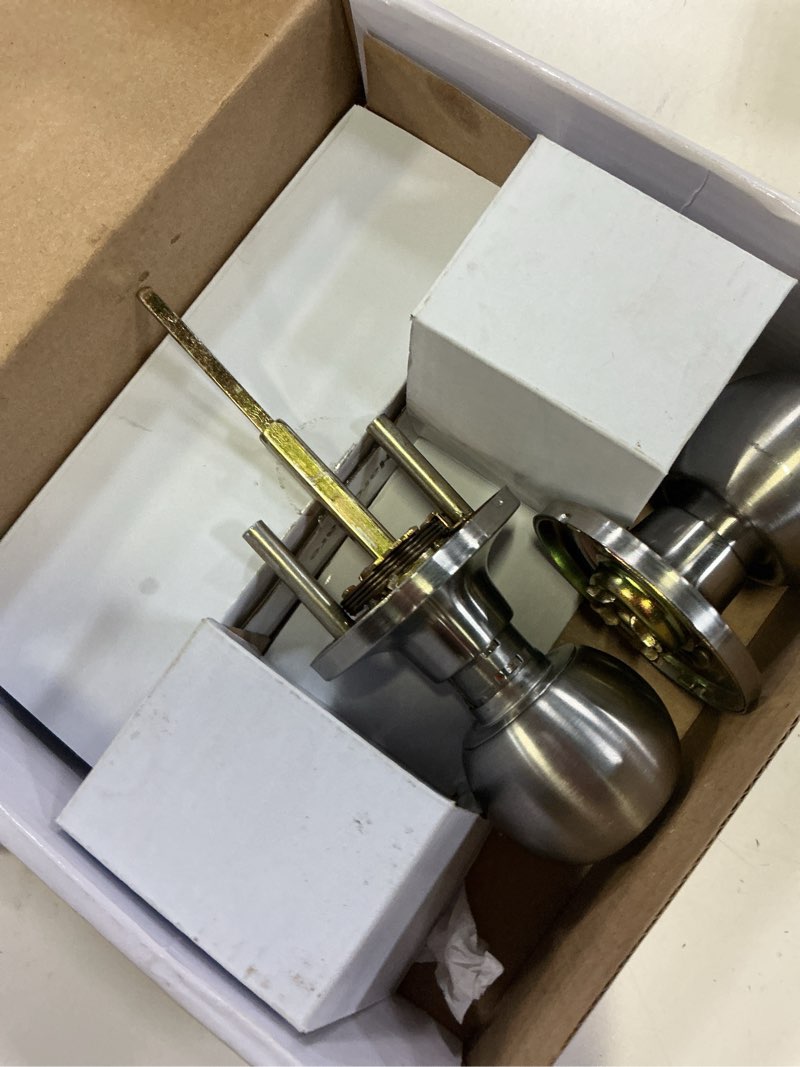 Condition photo showing As Is for hyper tough keyed entry ball doorknob lock and single cylinder deadbolt stainless steel finish combo pack