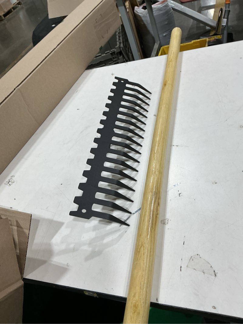 Condition photo showing Good Condition for garden rake,60" wooden handle with 17-tine metal bow rake,rock rake heavy duty for loosening soil,leveling gravel,clearing fallen leaves,removing sod and landscaping